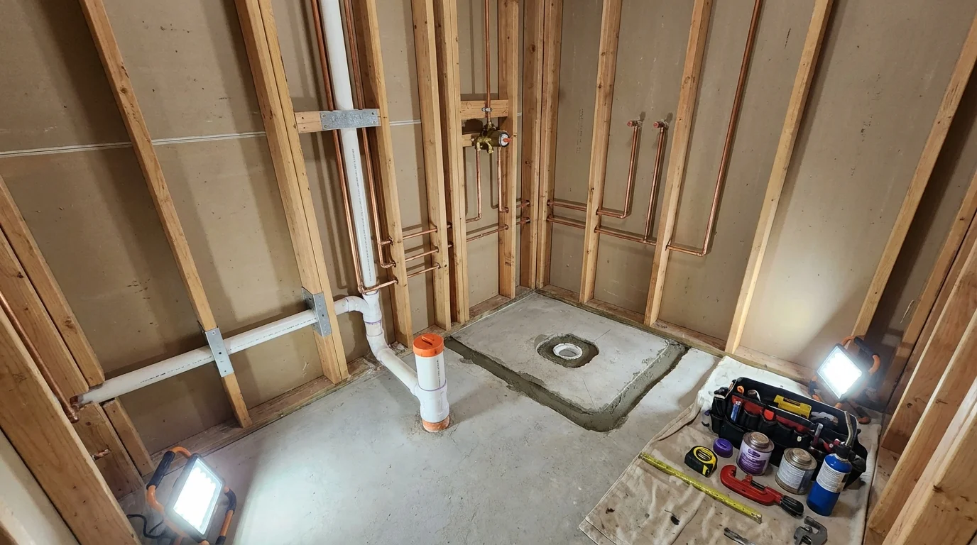 Bathroom rough-in plumbing during remodel by Johns Plumbing LLC in Minier