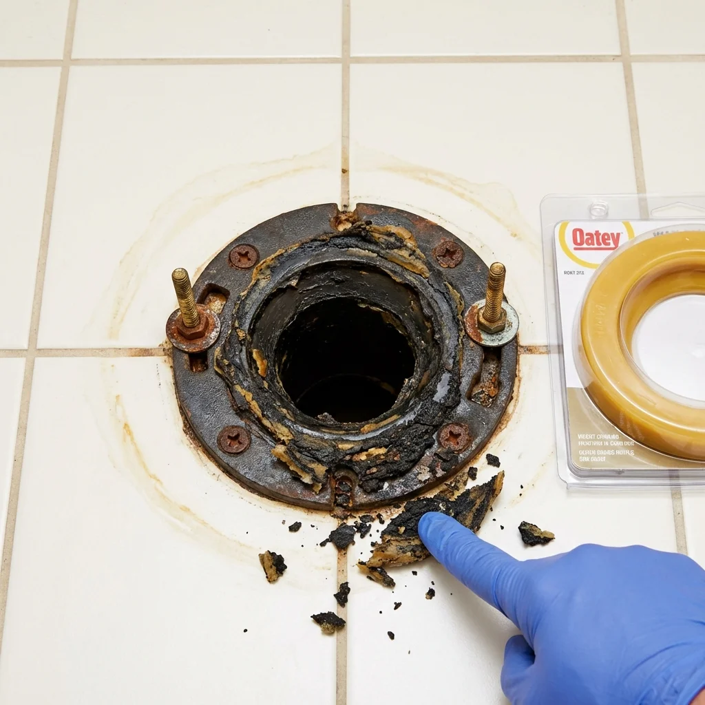 Failed wax ring showing water seepage at the base of a toilet in a Minier, IL home